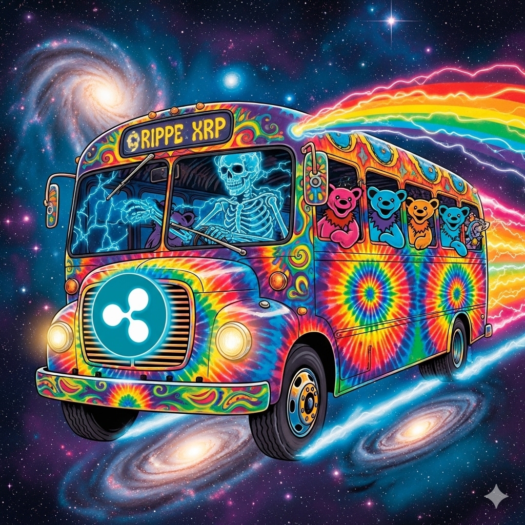 Cosmic Carousel Dreams - Magical carousel with glowing skeleton conductor, winged horses, ethereal figures floating in rainbow vortex sky above psychedelic checkered floor